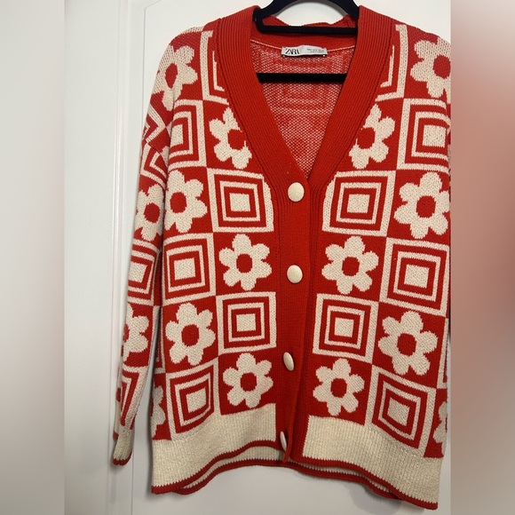 Zara Orange Jacquard Floral Geometric Chunky Knit Sweater Size S retro cozy 70s - Picture 6 of 13